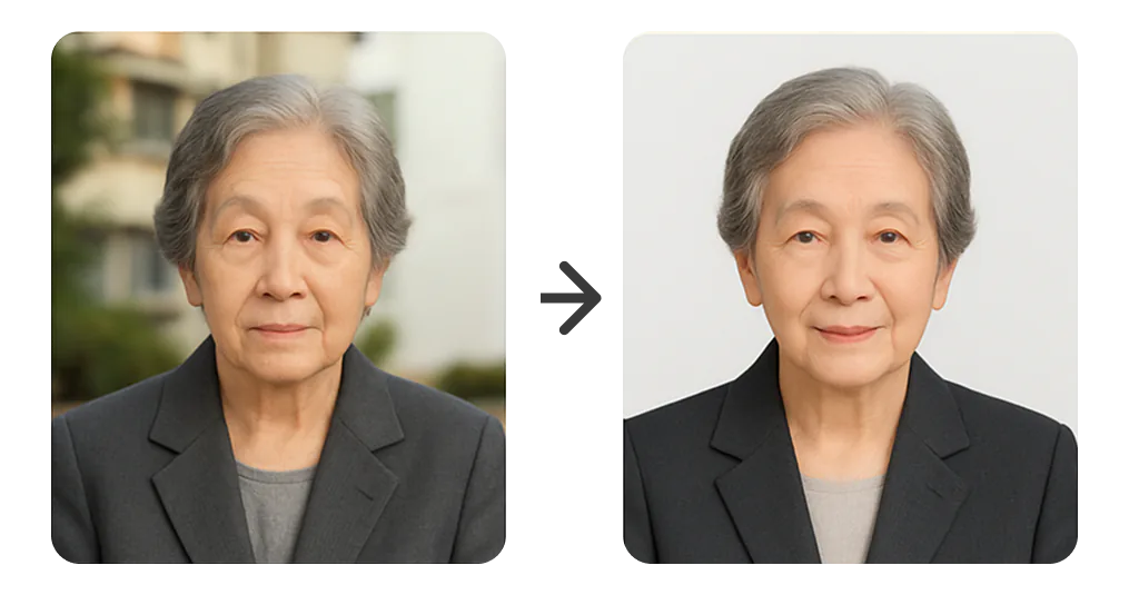 보정 예시: 건물 앞에서 찍은 정장 사진을 흰 배경의 단정한 영정사진으로 다듬은 전후 모습