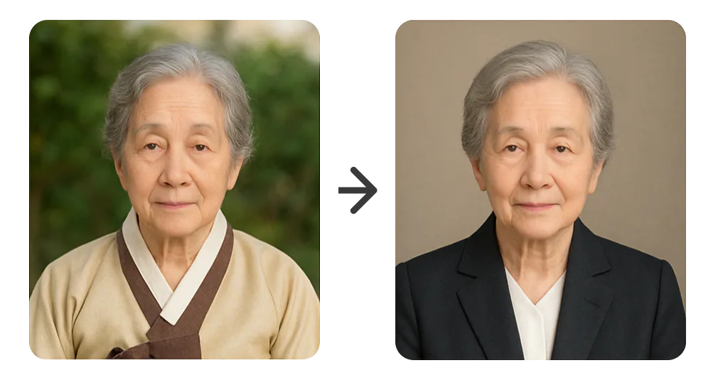 선택3 배경·의상 교체 예시: 초록 배경의 한복 차림 사진을 단색 배경과 검은 정장 차림으로 바꾼 전후 모습